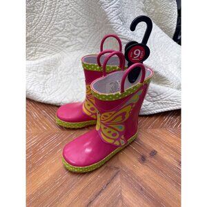 Wootie Size 9 Kids Butterfly Rain Boots Pink Green Waterproof Pull-On Polka Dot
